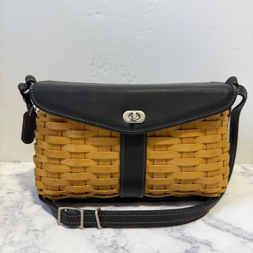 Longaberger Tan Woven Basket Shoulder Bag with Black Leather Trim